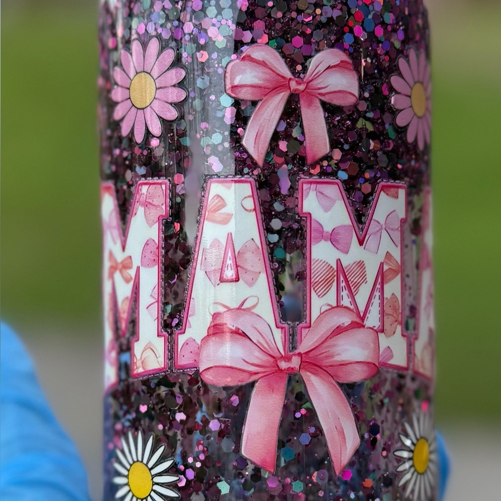 Handcrafted Floral Glitter Tumbler - Pink and Black